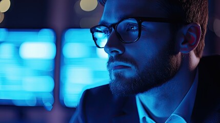 Fototapete - A focused businessman analyzes complex data on multiple screens in a modern office. The blue lighting enhances the professional atmosphere, reflecting creativity and stra