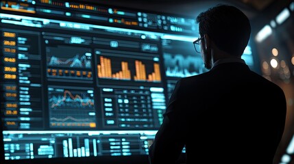 Fototapete - A business professional focuses on a large screen displaying financial data, including charts and graphs, reflecting the use of technology in modern analysis.