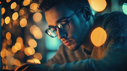 Fototapete - A dedicated male programmer is deeply focused on coding at his computer during late-night hours in a contemporary office space, surrounded by warm bokeh lights and advanc