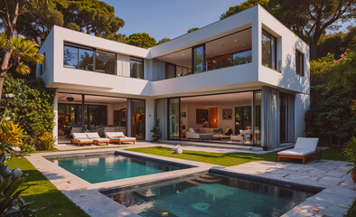 Poster - A large white house with a pool and a patio. The house is surrounded by trees and bushes