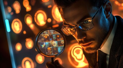 Fototapete - A focused businessman examines a digital profile using a magnifying glass. The backdrop features glowing user avatars, symbolizing analysis and online networking in a mod