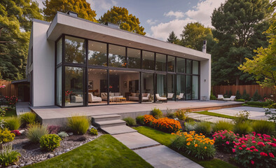 Poster - A large house with a large yard and a walkway. The house is white and has a lot of glass windows. The yard is filled with flowers and plants, and there are several chairs and couches around the house