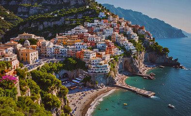 Poster - A beautiful beach town with a lot of houses and a lot of people. The beach is crowded with people and there are boats in the water