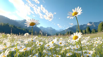Wall Mural - Bright daisies in sunny field with blue sky and mountains in background