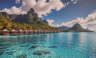 Fototapete - A beautiful beach with a clear blue ocean and mountains in the background. The beach is surrounded by small cabins and houses