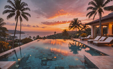 Poster - A beautiful pool with a sunset in the background. The pool is surrounded by palm trees and has a view of the ocean
