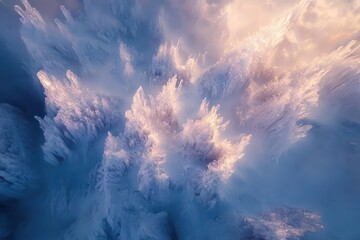 Wall Mural - ethereal arctic landscape with crystalline formations catching prismatic light, drone perspective of