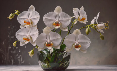 Poster - A vase of white orchids sits on a table. The flowers are arranged in a way that makes them look like they are in a bowl. The vase is clear and the flowers are the main focus of the image