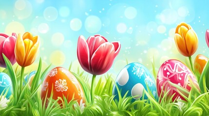  Beautiful easter card with tulip flowers and colorful eggs