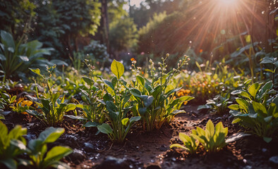 Poster - A garden with many plants and flowers, including some that are yellow. The sun is shining brightly on the garden, making it look very bright and cheerful