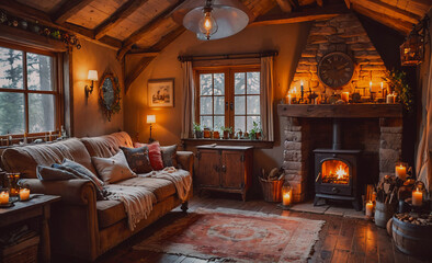 Poster - A cozy living room with a fireplace and a clock on the wall. The room is decorated with candles and has a warm, inviting atmosphere