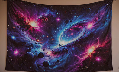 Wall Mural - A colorful space scene with a spiral galaxy and a star cluster. The colors are vibrant and the scene is full of energy