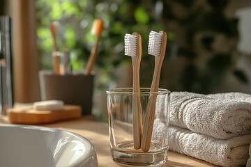 Wall Mural - Dental toothbrushes in holder standing on table in modern bathroom