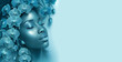 © alma - Beautiful young African American black woman, blue woman's face close-up with bloom flowers orchids on blue background. Banner, template, card with empty copy space.