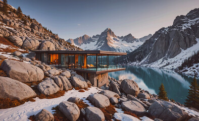 Poster - A mountain cabin with a large lake in the background. The cabin is surrounded by rocks and snow