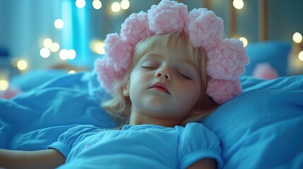 Poster - Peaceful blonde toddler girl sleeps soundly in bed, wearing a pink flower crown, in a softly lit room.