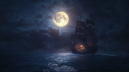 Wall Mural - a pirate ship sails the ocean by moonlight.