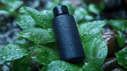 Poster - Black Bottle Surrounded by Green Leaves and Water Droplets