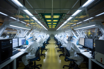 Fototapete - Technicians working inside modern electronics factory