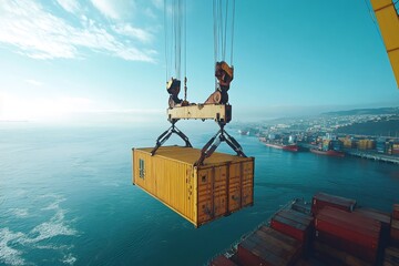 Wall Mural - Crane lifting cargo container in a port, global shipping and logistics concept