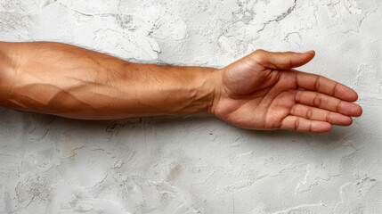 Wall Mural - A male arm highlighting the inner part of the forearm with the hand open, empty white flat background.