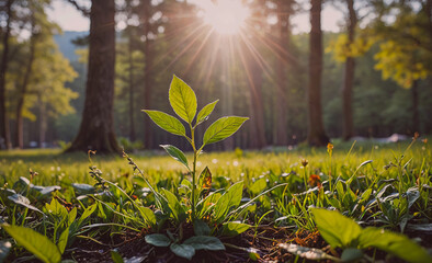 Poster - A small plant is growing in a field of grass. The sun is shining brightly on the plant, making it look healthy and vibrant. The scene is peaceful and serene, with the natural beauty of the plant