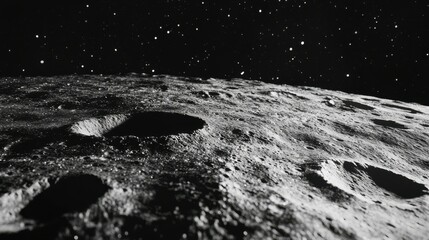 Lunar surface craters under starry night sky in black and white