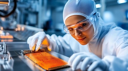 Fototapete - Scientist assembling microchip in modern laboratory