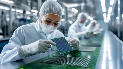 Poster - Technician examining microchip in high tech factory production line