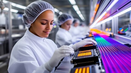 Fototapete - Female engineers working on production line in modern electronics factory