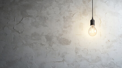 textured white wall with single hanging light bulb creates minimalist and serene atmosphere, perfect for modern decor