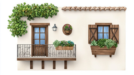 Poster - vibrant balcony scene with wooden accents and lush greenery