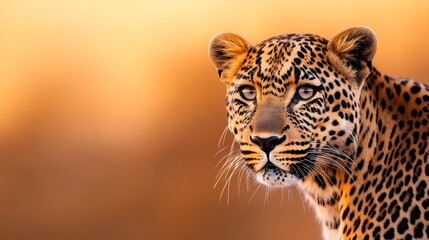 Wall Mural - leopard staring intensely with a blurred golden background at sunset