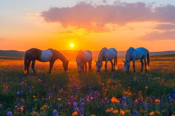 Wall Mural - horses grazing in a field of wildflowers at sunset