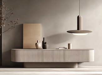 Wall Mural - A modern interior scene featuring an empty light gray wall, a beige wooden sideboard, and a stylish lamp, highlighting balance and simplicity in design, 3D rendering illustration