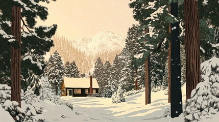 Canvas Print - Winter Cabin nestled in a snowy mountain forest