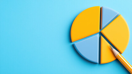 Colorful pie chart on blue background with pencil