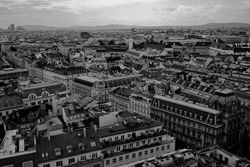 Wien capital of Austria Europe from above in black and white. Historic city of culture. Monuments that have been able to unite the history of ancient and medieval architecture with the contemporary