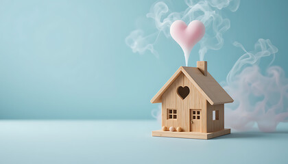 Home sweet home, house wood with heart shape on wooden and blue background, copy space.