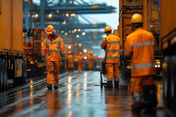 Wall Mural - Dock workers walking on wet pavement at commercial port