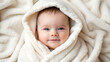 © n3wttfoto - Soft smiles of an adorable baby wrapped in a cozy blanket home setting close-up photography warm environment