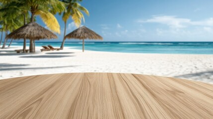 Wall Mural - Tropical beach view with sandy shore, palm trees, and straw umbrellas during sunny weather inviting relaxation and vacation vibes