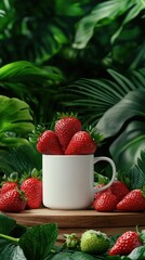 Wall Mural - Fresh strawberries overflowing from a white cup surrounded by lush green foliage in a serene natural setting