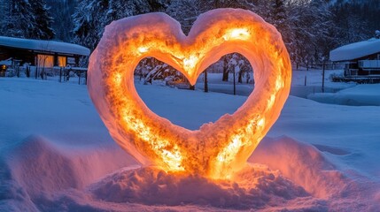 Canvas Print - Illuminated Ice Heart Sculpture in Winter Wonderland