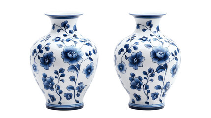  Two white ceramic vases decorated with blue floral patterns in traditional design isolated on transparent background.