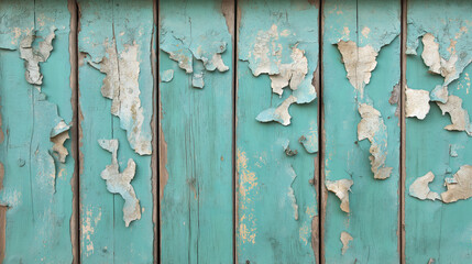 Weathered turquoise wooden planks with peeling paint texture