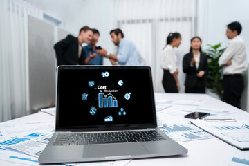 Aufkleber - Cost reduction, cost saving concept shown on computer screen brisk, corporate business efficiently save cost and company resources by reduction of unnecessary expenses