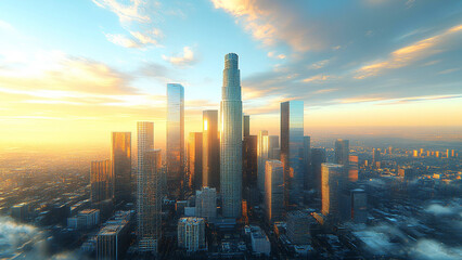 Wall Mural - American city with skyscrapers and down town aerial view at sunset 