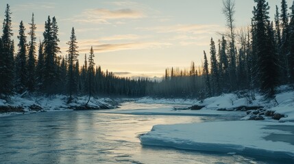 Serene Winter River Flowing Through Snow Covered Forest