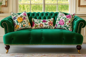 Wall Mural - Luxurious emerald green velvet sofa with intricate floral cushions in a well-lit cozy living space showcasing elegance and comfort